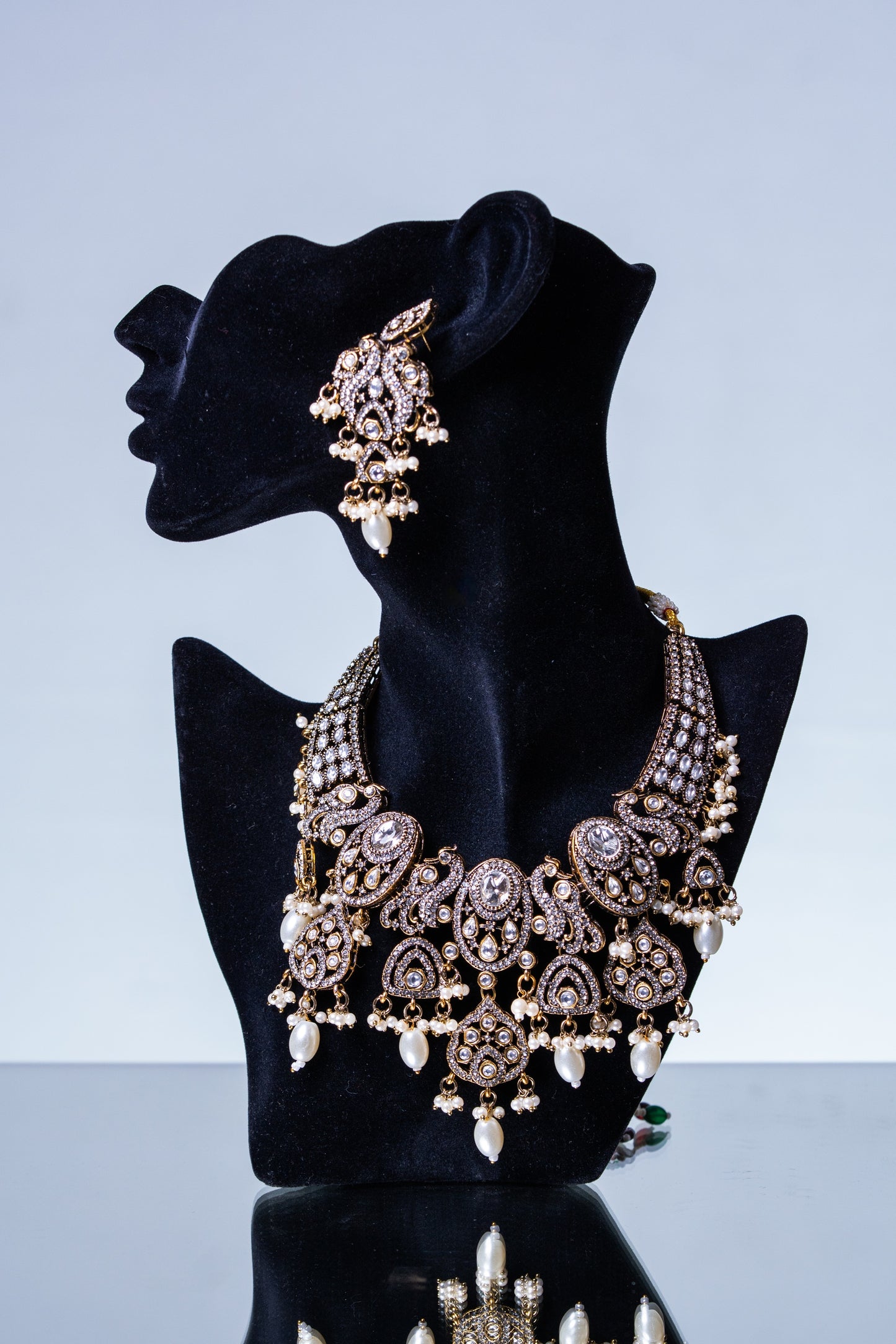 Indian Bridal Moissanite Polki with American Diamonds and Real Pearls Designer Necklace