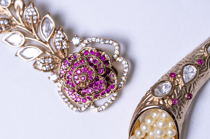 Italian Real Pearls Drop with Moissanite Polki and American Diamonds Zirconia Designer Hasli Necklace (PINK)
