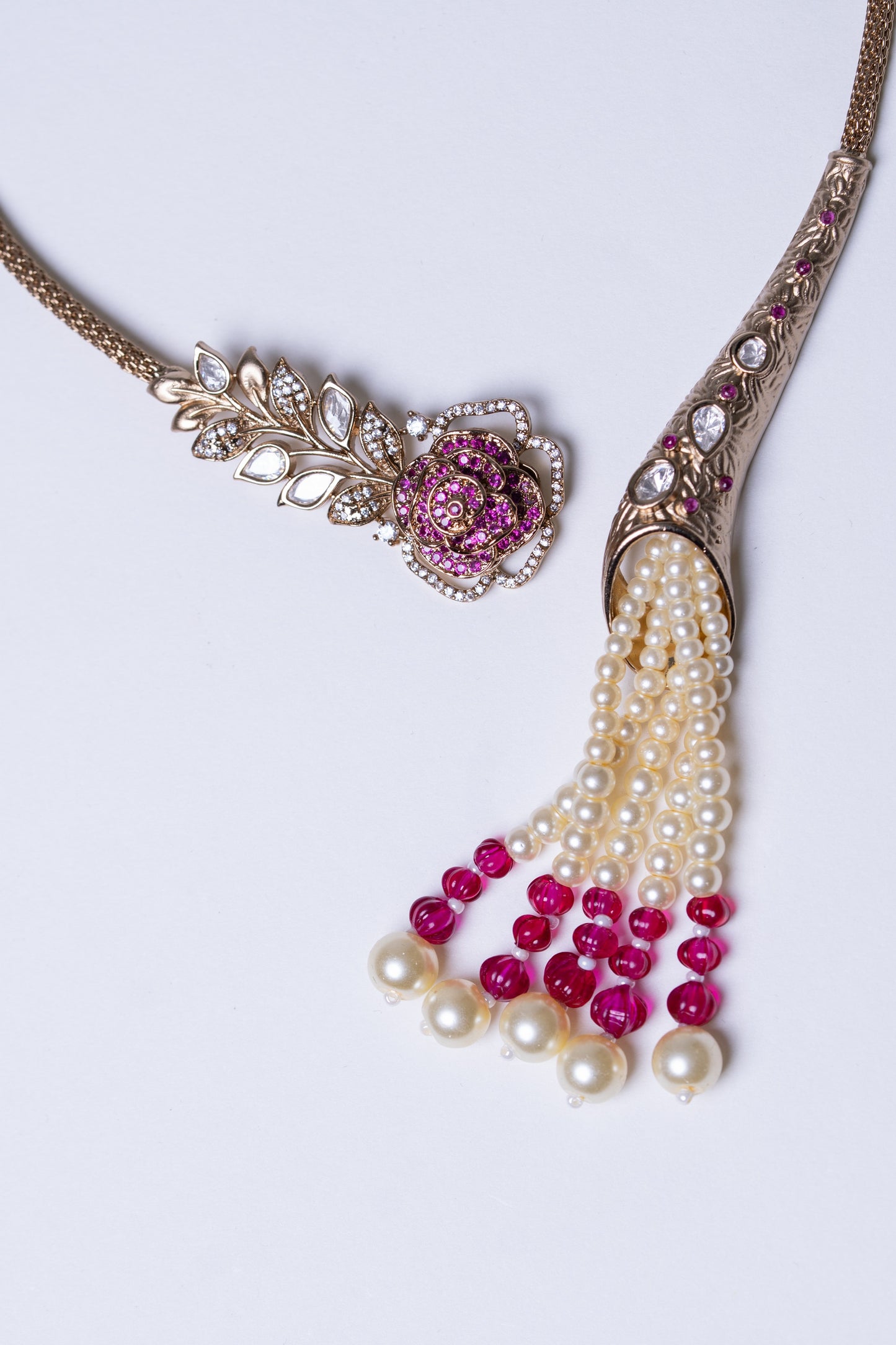 Italian Real Pearls Drop with Moissanite Polki and American Diamonds Zirconia Designer Hasli Necklace (PINK)