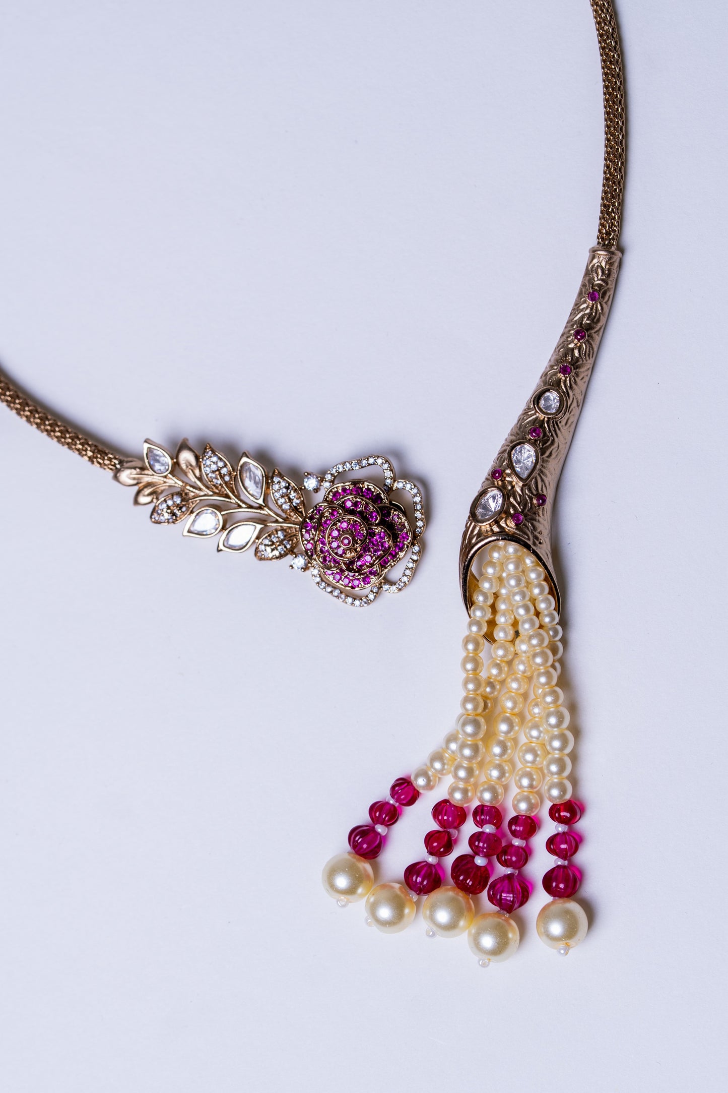 Italian Real Pearls Drop with Moissanite Polki and American Diamonds Zirconia Designer Hasli Necklace (PINK)