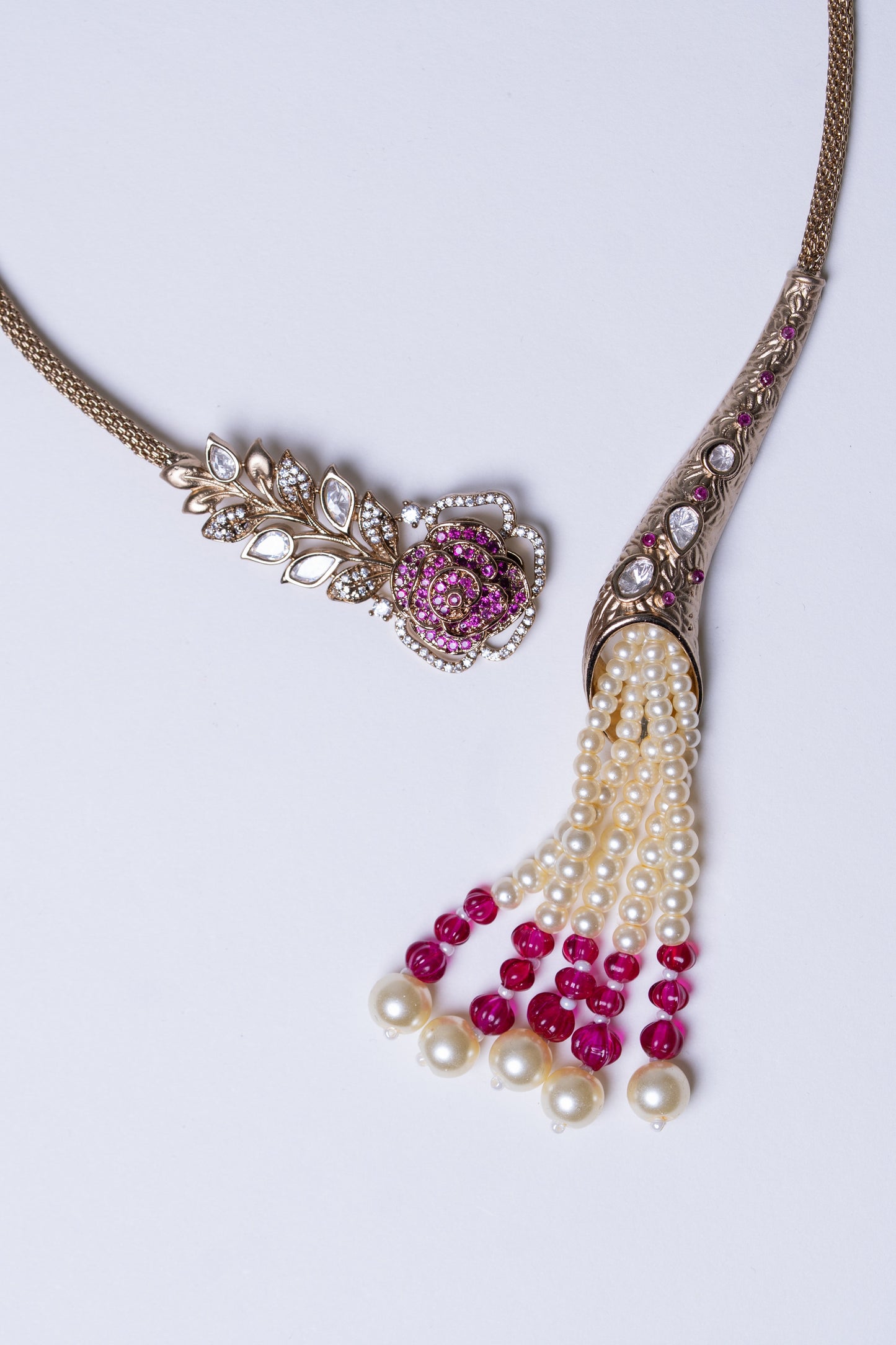 Italian Real Pearls Drop with Moissanite Polki and American Diamonds Zirconia Designer Hasli Necklace (PINK)