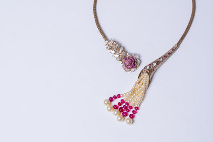 Italian Real Pearls Drop with Moissanite Polki and American Diamonds Zirconia Designer Hasli Necklace (PINK)