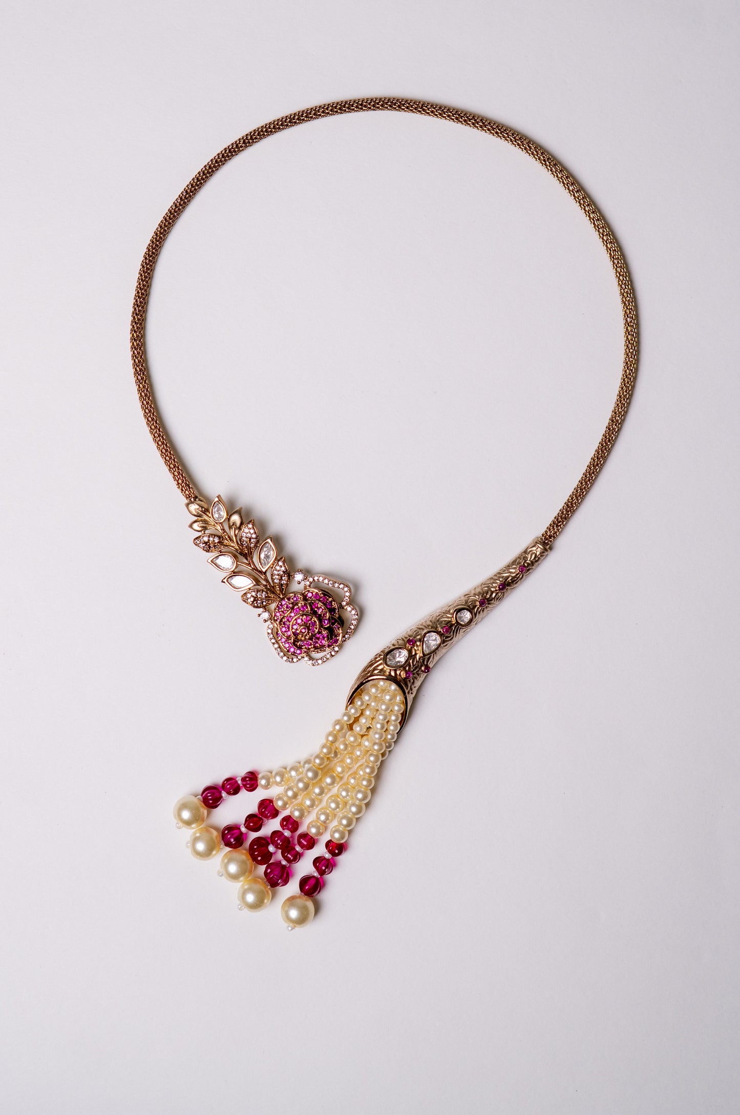 Italian Real Pearls Drop with Moissanite Polki and American Diamonds Zirconia Designer Hasli Necklace (PINK)