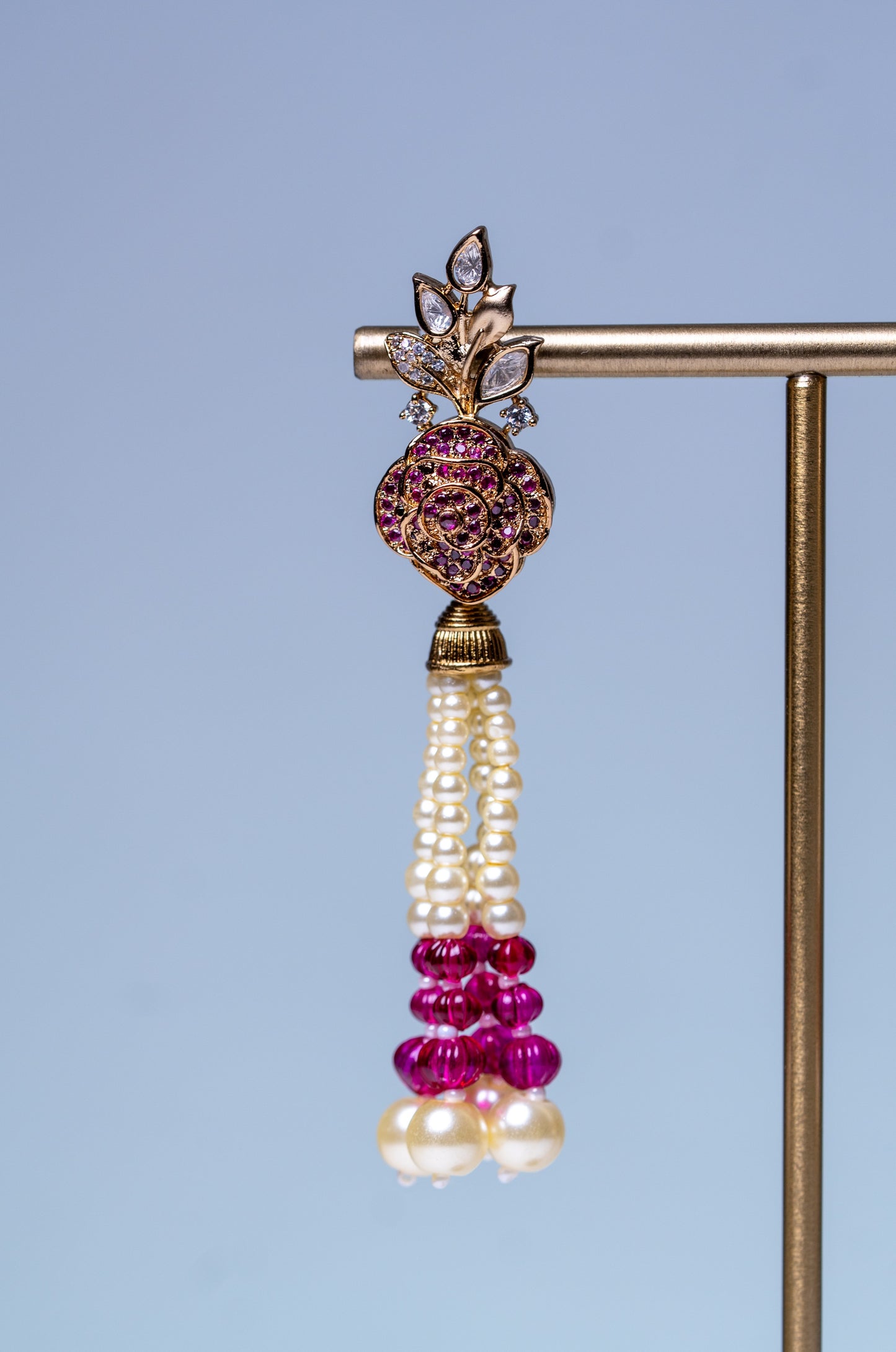 Italian Real Pearls Drop with Moissanite Polki and American Diamonds Zirconia Designer Hasli Necklace (PINK)
