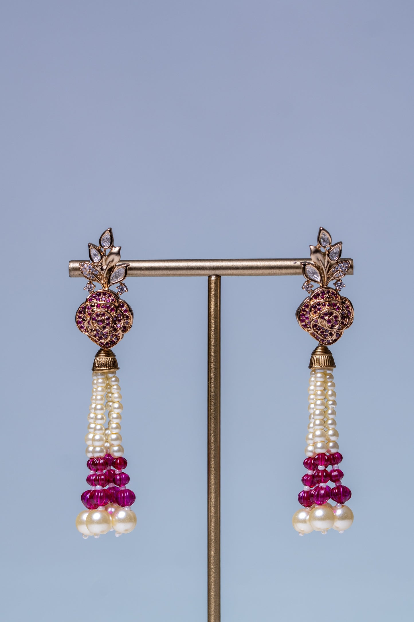Italian Real Pearls Drop with Moissanite Polki and American Diamonds Zirconia Designer Hasli Necklace (PINK)