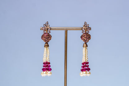 Italian Real Pearls Drop with Moissanite Polki and American Diamonds Zirconia Designer Hasli Necklace (PINK)