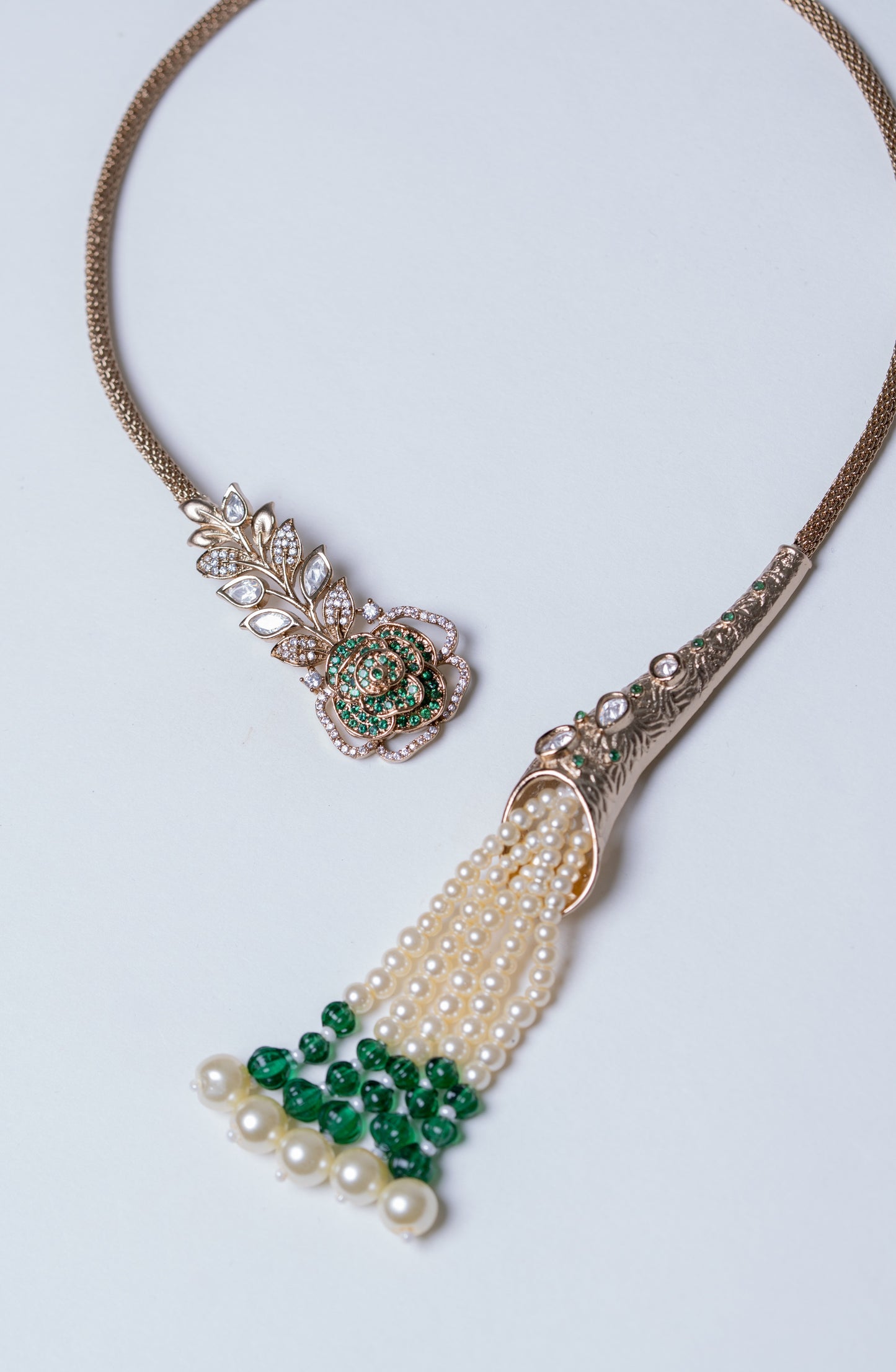 Italian Real Pearls Drop with Moissanite Polki and American Diamonds Zirconia Designer Hasli Necklace (GREEN)