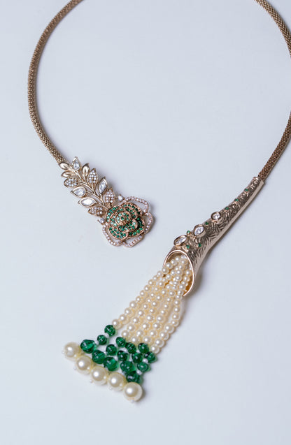Italian Real Pearls Drop with Moissanite Polki and American Diamonds Zirconia Designer Hasli Necklace (GREEN)