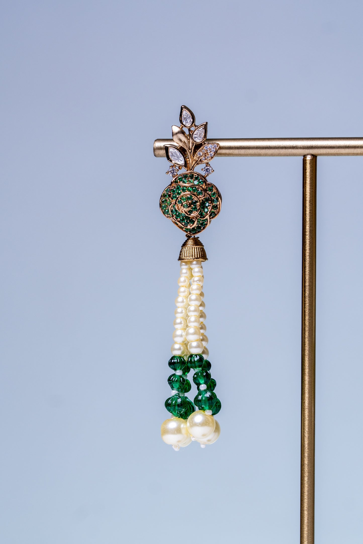 Italian Real Pearls Drop with Moissanite Polki and American Diamonds Zirconia Designer Hasli Necklace (GREEN)