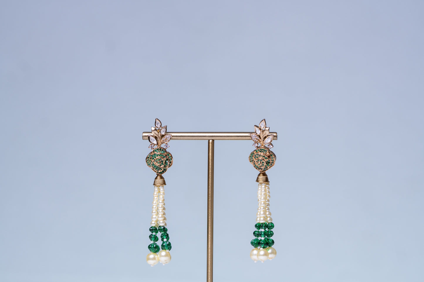 Italian Real Pearls Drop with Moissanite Polki and American Diamonds Zirconia Designer Hasli Necklace (GREEN)