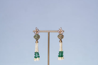 Italian Real Pearls Drop with Moissanite Polki and American Diamonds Zirconia Designer Hasli Necklace (GREEN)