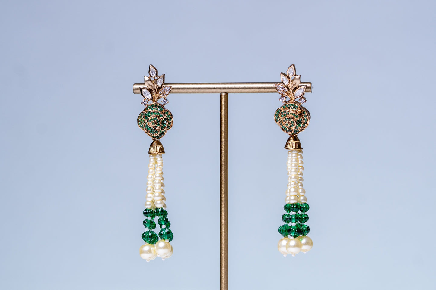 Italian Real Pearls Drop with Moissanite Polki and American Diamonds Zirconia Designer Hasli Necklace (GREEN)