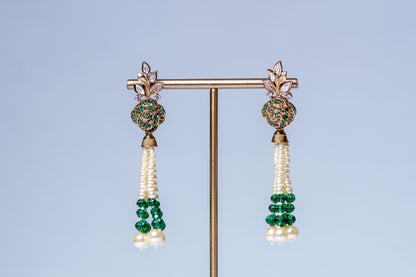 Italian Real Pearls Drop with Moissanite Polki and American Diamonds Zirconia Designer Hasli Necklace (GREEN)