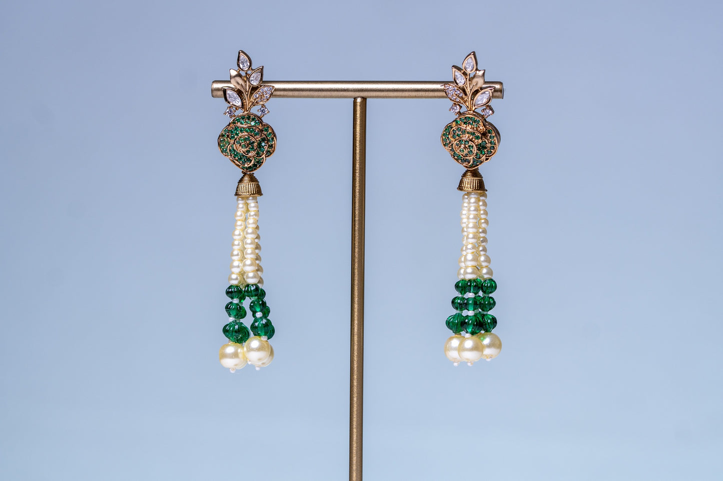 Italian Real Pearls Drop with Moissanite Polki and American Diamonds Zirconia Designer Hasli Necklace (GREEN)