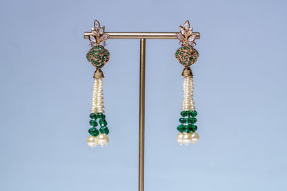 Italian Real Pearls Drop with Moissanite Polki and American Diamonds Zirconia Designer Hasli Necklace (GREEN)
