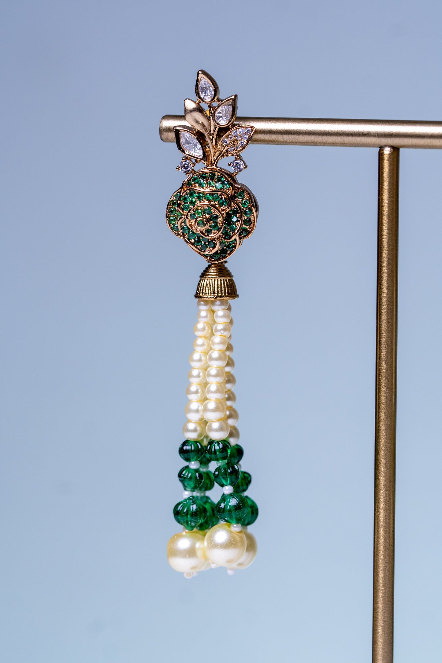 Italian Real Pearls Drop with Moissanite Polki and American Diamonds Zirconia Designer Hasli Necklace (GREEN)
