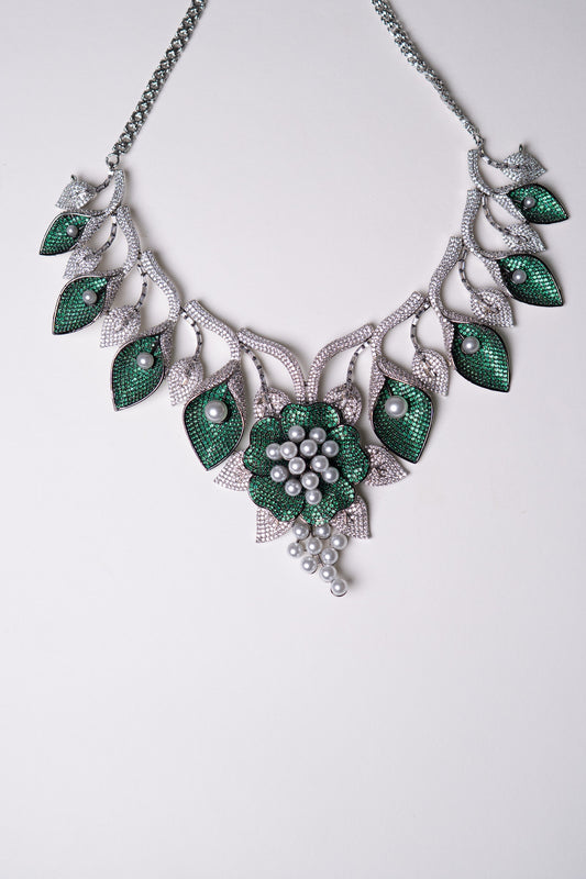 Emerald Green and White Nano Setting American Diamonds Zirconia with Real Pearl Designer 3D Leaves Necklace
