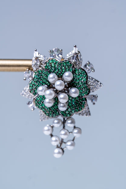 Emerald Green and White Nano Setting American Diamonds Zirconia with Real Pearl Designer 3D Leaves Necklace