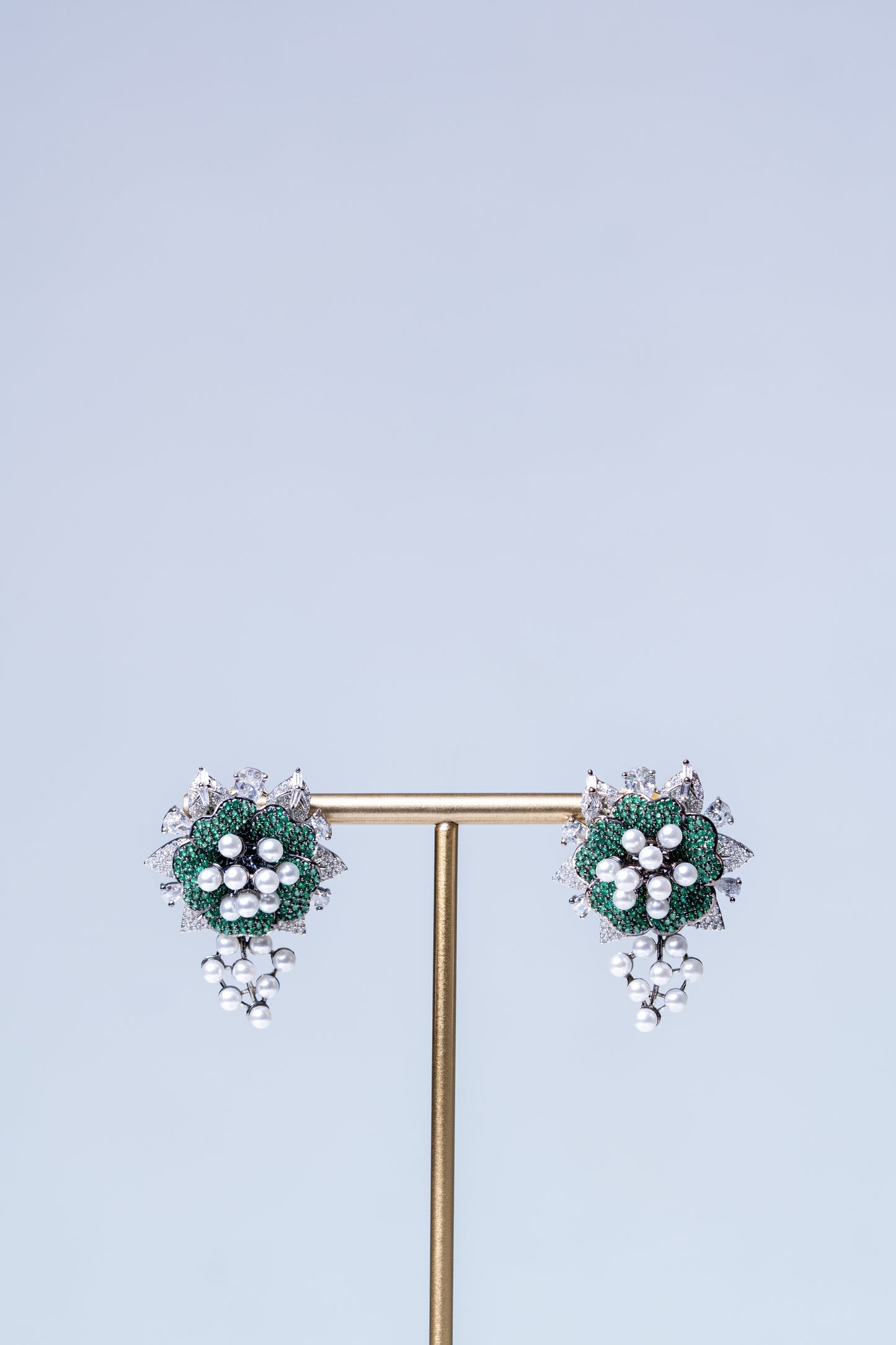 Emerald Green and White Nano Setting American Diamonds Zirconia with Real Pearl Designer 3D Leaves Necklace