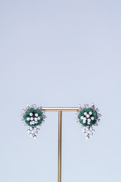 Emerald Green and White Nano Setting American Diamonds Zirconia with Real Pearl Designer 3D Leaves Necklace