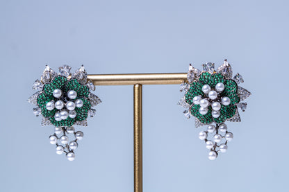 Emerald Green and White Nano Setting American Diamonds Zirconia with Real Pearl Designer 3D Leaves Necklace