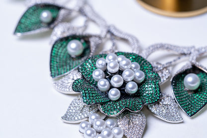 Emerald Green and White Nano Setting American Diamonds Zirconia with Real Pearl Designer 3D Leaves Necklace