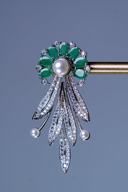 Emerald Green and White American Diamonds Zirconia with Real Pearl Designer 3D Necklace