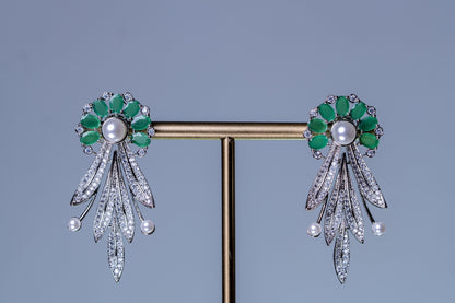 Emerald Green and White American Diamonds Zirconia with Real Pearl Designer 3D Necklace
