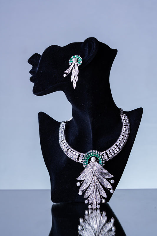 Emerald Green and White American Diamonds Zirconia with Real Pearl Designer 3D Necklace