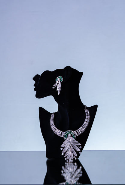 Emerald Green and White American Diamonds Zirconia with Real Pearl Designer 3D Necklace