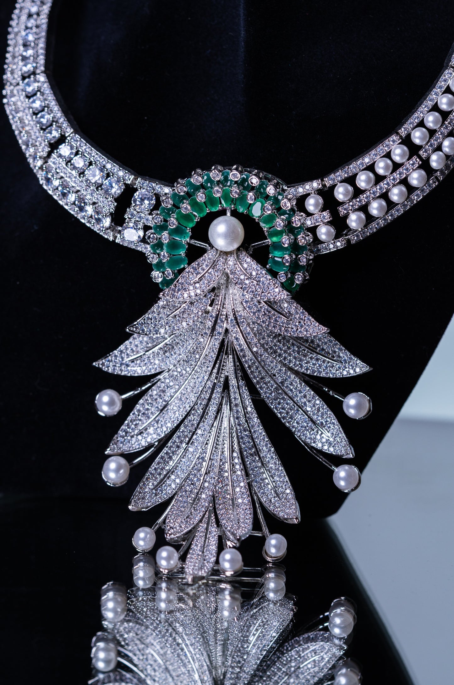Emerald Green and White American Diamonds Zirconia with Real Pearl Designer 3D Necklace