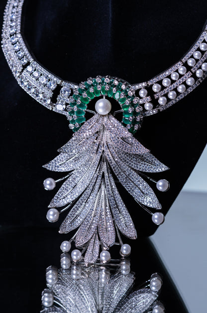 Emerald Green and White American Diamonds Zirconia with Real Pearl Designer 3D Necklace