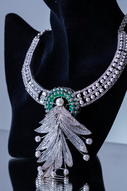Emerald Green and White American Diamonds Zirconia with Real Pearl Designer 3D Necklace