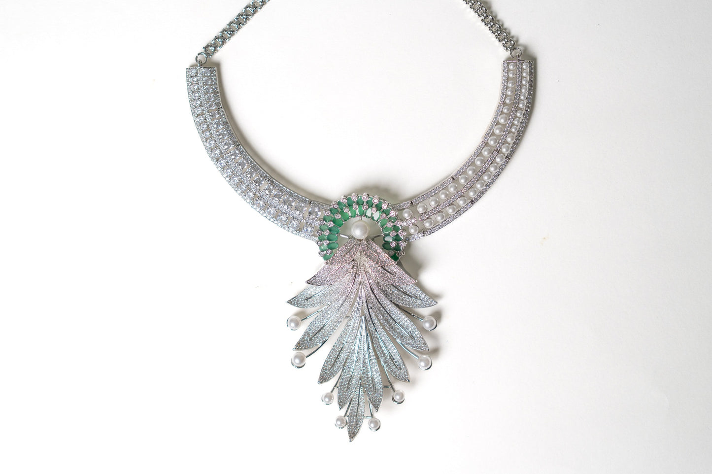 Emerald Green and White American Diamonds Zirconia with Real Pearl Designer 3D Necklace