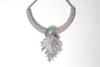 Emerald Green and White American Diamonds Zirconia with Real Pearl Designer 3D Necklace