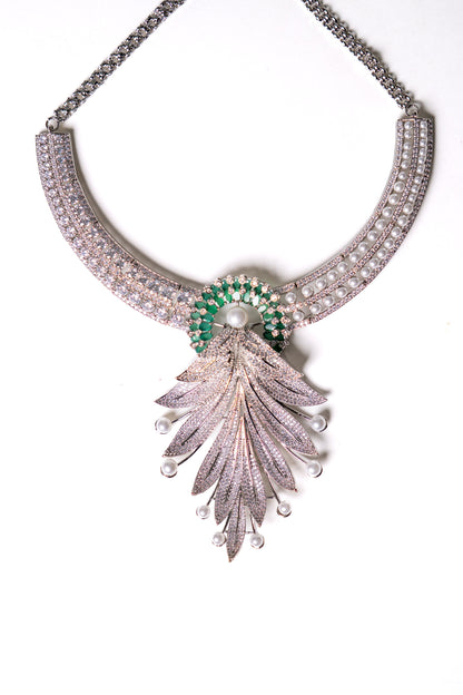 Emerald Green and White American Diamonds Zirconia with Real Pearl Designer 3D Necklace