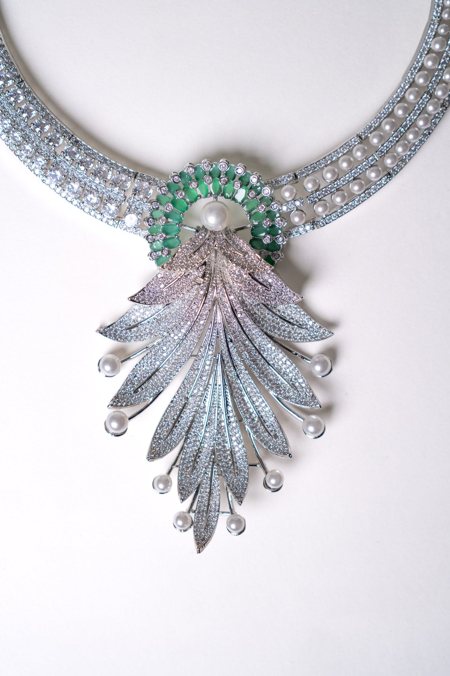Emerald Green and White American Diamonds Zirconia with Real Pearl Designer 3D Necklace