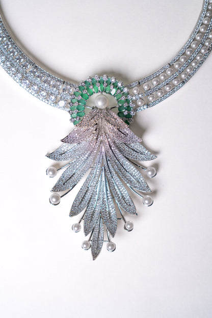 Emerald Green and White American Diamonds Zirconia with Real Pearl Designer 3D Necklace