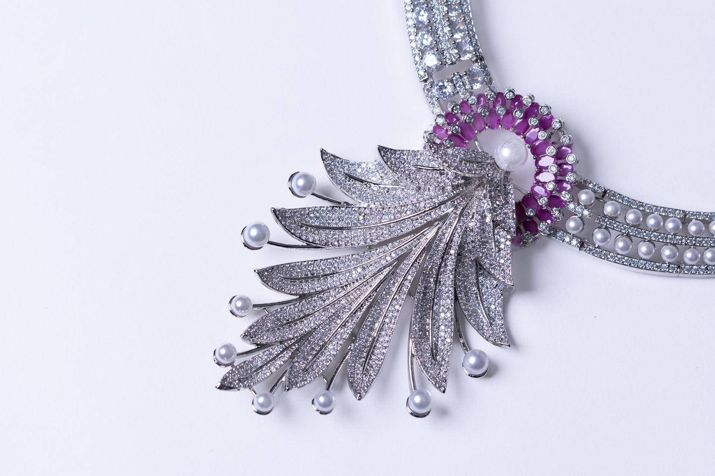 Pink and White American Diamonds Zirconia with Real Pearl Designer 3D Necklace