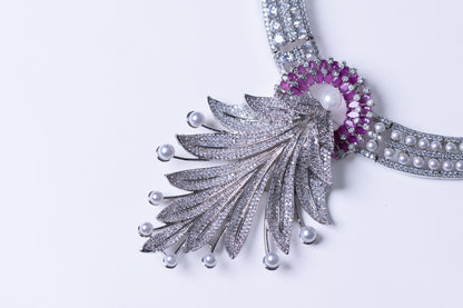 Pink and White American Diamonds Zirconia with Real Pearl Designer 3D Necklace