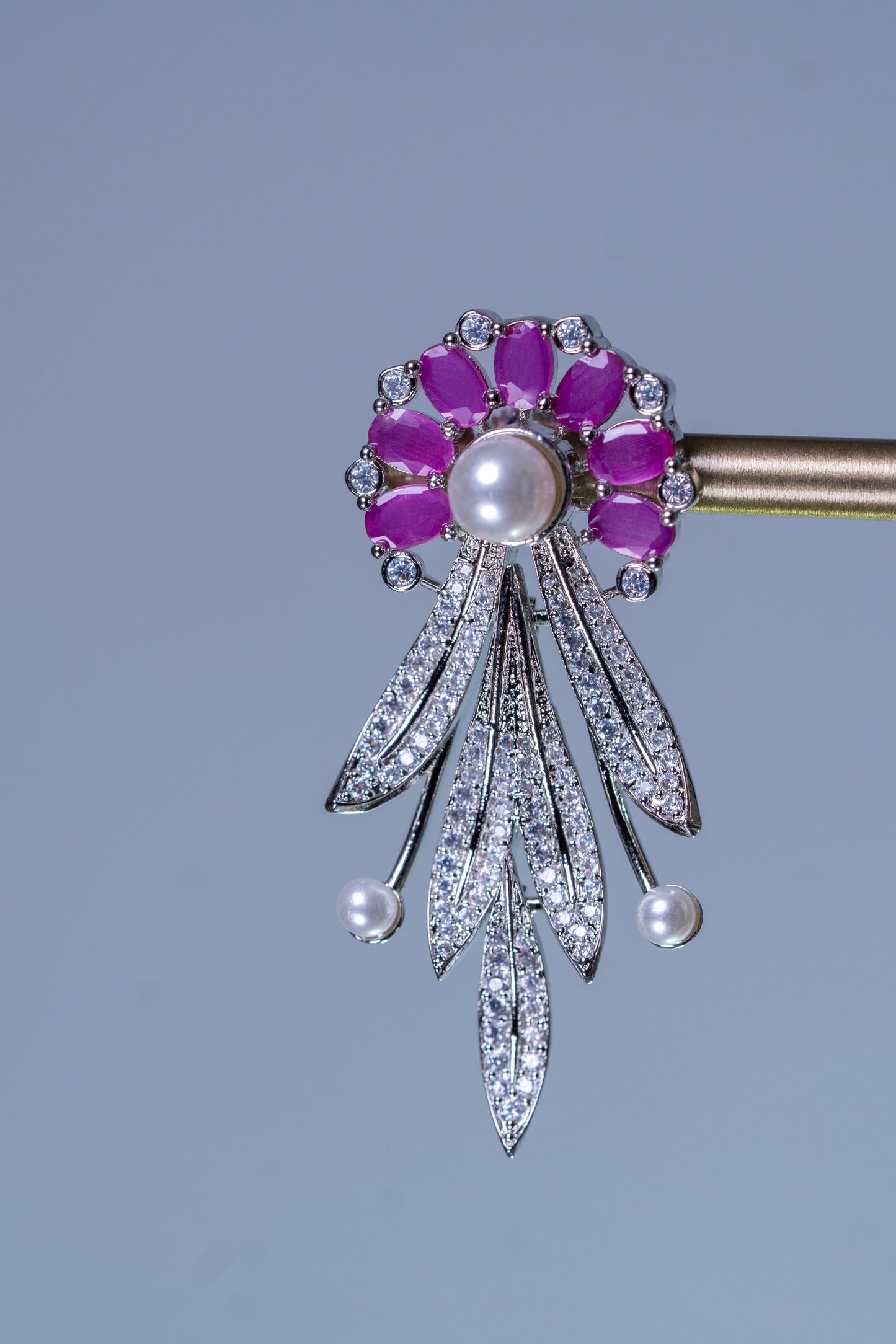 Pink and White American Diamonds Zirconia with Real Pearl Designer 3D Necklace