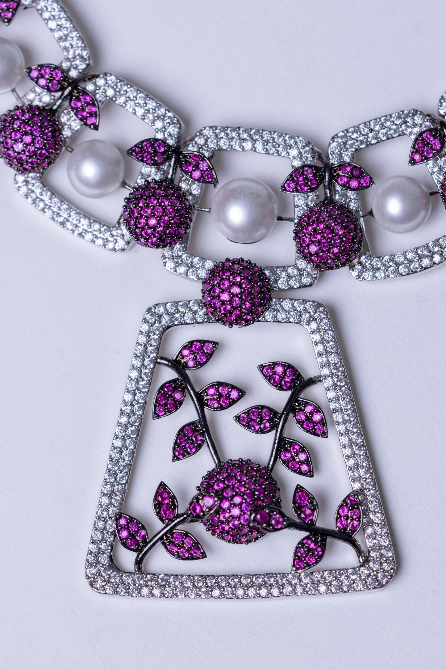 Pink and White Nano Setting American Diamonds Zirconia with Real Pearl Studded Designer Necklace