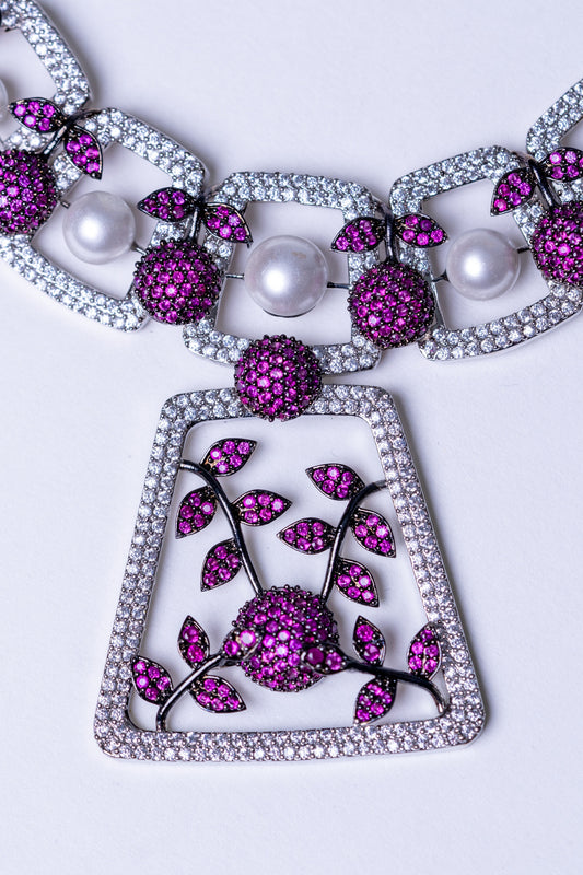 Pink and White Nano Setting American Diamonds Zirconia with Real Pearl Studded Designer Necklace