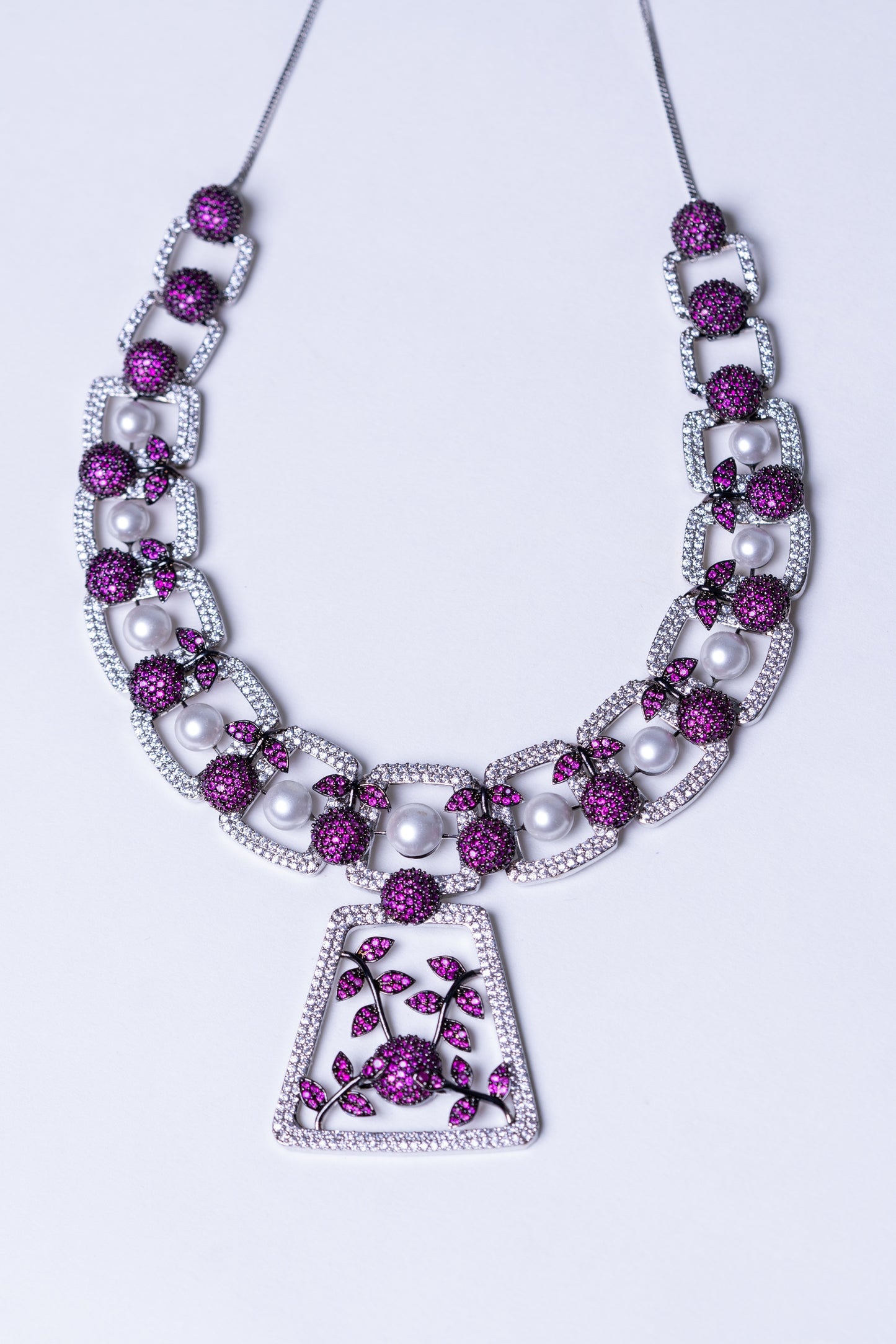Pink and White Nano Setting American Diamonds Zirconia with Real Pearl Studded Designer Necklace