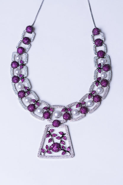 Pink and White Nano Setting American Diamonds Zirconia with Real Pearl Studded Designer Necklace