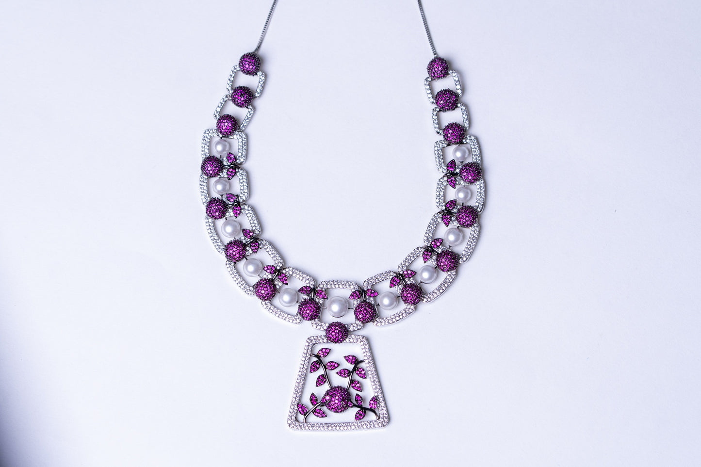 Pink and White Nano Setting American Diamonds Zirconia with Real Pearl Studded Designer Necklace