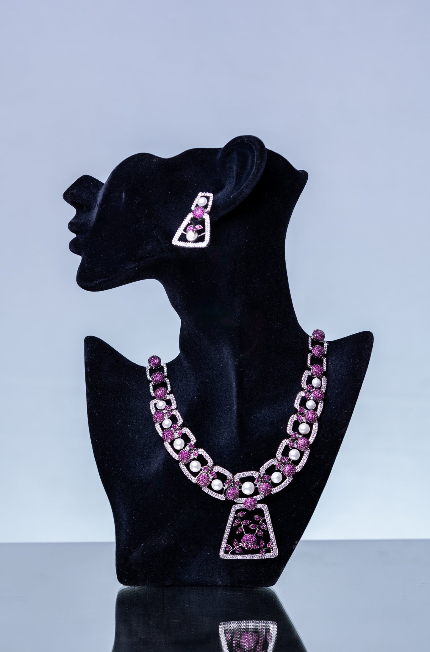 Pink and White Nano Setting American Diamonds Zirconia with Real Pearl Studded Designer Necklace