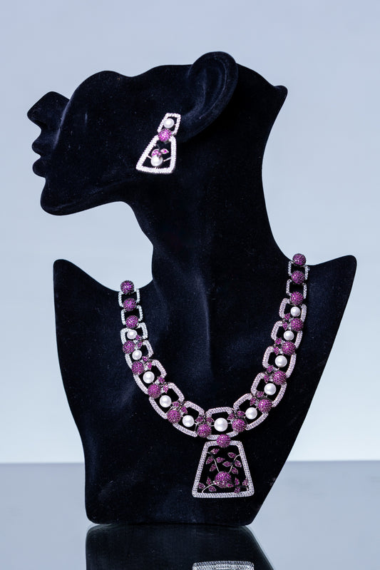 Pink and White Nano Setting American Diamonds Zirconia with Real Pearl Studded Designer Necklace