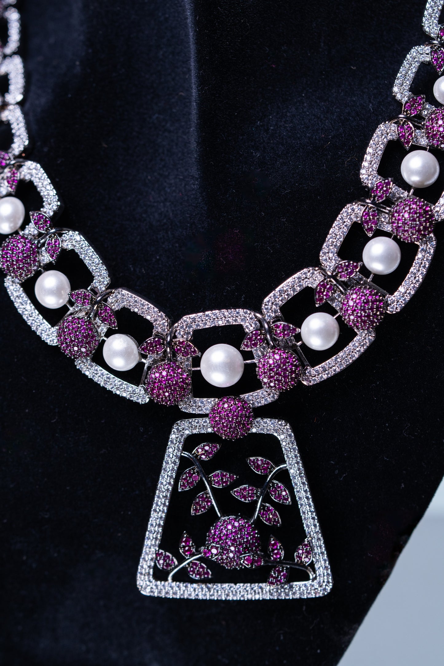 Pink and White Nano Setting American Diamonds Zirconia with Real Pearl Studded Designer Necklace