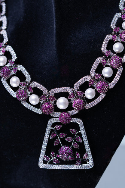Pink and White Nano Setting American Diamonds Zirconia with Real Pearl Studded Designer Necklace
